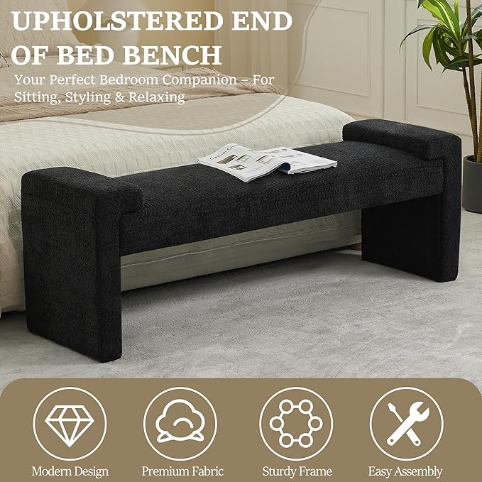 58.7" End of Bed Upholstered Bench Modern Bedroom Bench for Living Room & Entryway, Easy Assembly, Footrest Ottoman Accent Window Bench with Solid Wood Frame & Curved Arm, Black