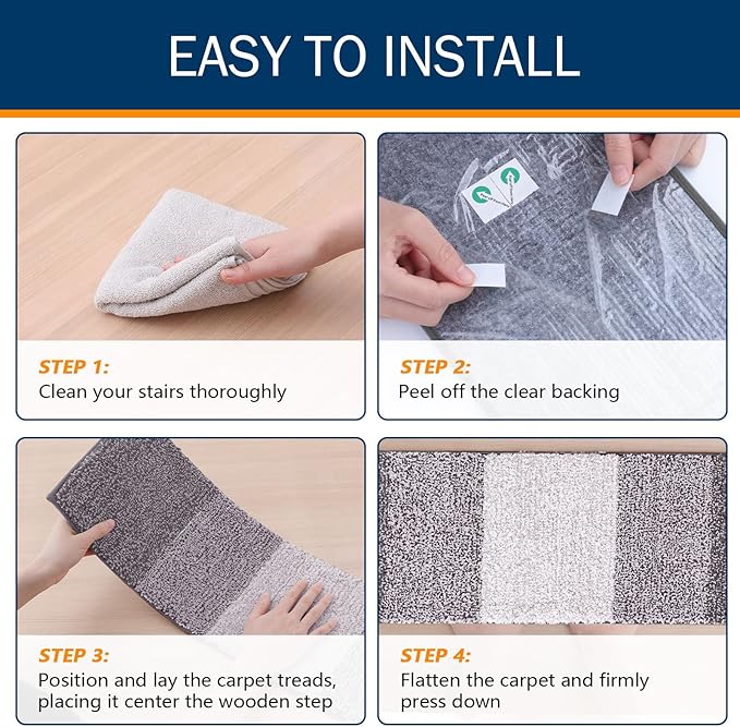 OLANLY Stair Treads Non Slip 15PCS, 8" x 30" Indoor Stair Runners for Wooden Steps, Edging Stair Rugs with Reusable Peel and Stick Adhesive for Kids Elders and Pets, Light Grey