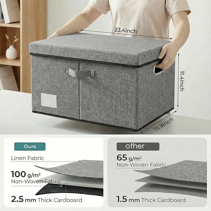 PRANDOM Storage Bins with Lids [3-Pack] Linen Fabric Foldable Storage Boxes Organizer Containers Baskets Cube with Cover Grey(23.4X15.9X11.4)