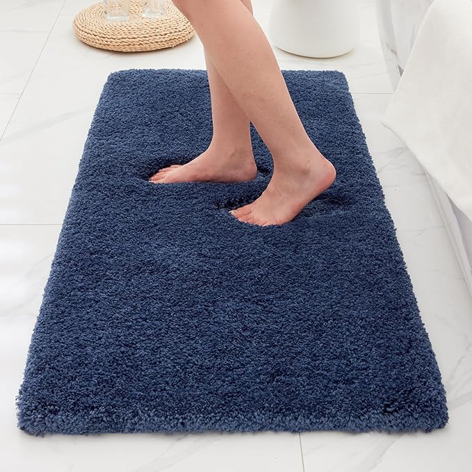 Bathroom Rugs 48x24, Ultra Thick Shaggy Soft Microfiber Absorbent Bath Rug, High Density Foam Latex Non Slip Backing, Machine Washable Bath Mats for Bathroom Floor & Sink, Navy Blue