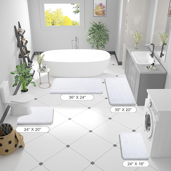 OLANLY Bathroom Rugs 59x24, Extra Soft Absorbent Chenille Bath Rugs, Rubber Backing Quick Dry, Machine Washable Bath Mats for Bathroom Floor, Tub and Shower, Home Decor Accessories, White