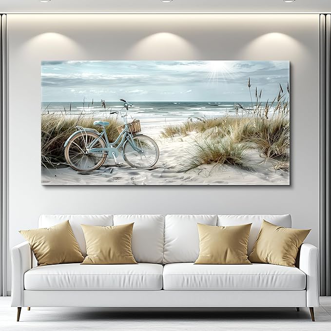 FUHAIHUA Large Wall Art For Bedroom Canvas Wall Decor For Living Room Office Decoration Blue Beach Bicycle Seascape Painting Ocean Landscape Wall Pictures Artwork Modern Home Decor Posters 30"X60"