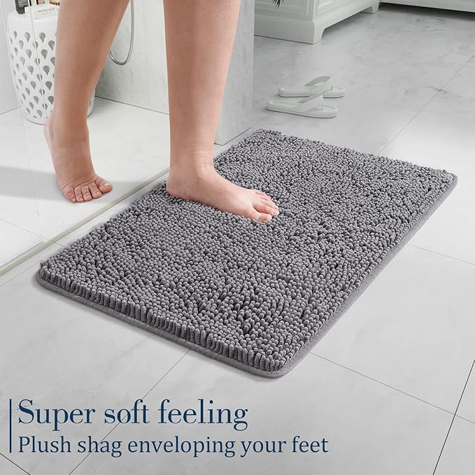 LOCHAS Luxury Bathroom Rug Shaggy Bath Mat 24 x 17 Inch, Washable Non Slip Bath Rugs for Bathroom Shower, Soft Plush Chenille Absorbent Carpets Mats, Gray
