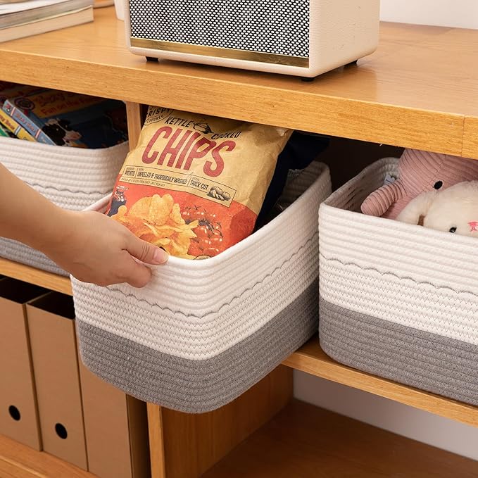 4 Pack Storage Baskets for Organizing, 13"X9"X7.87", Decorative Cotton Rope Baskets with Wave-Patterned Embroidery for Shelves, Small Woven Basket for Toys, Books and Towels, Grey & White