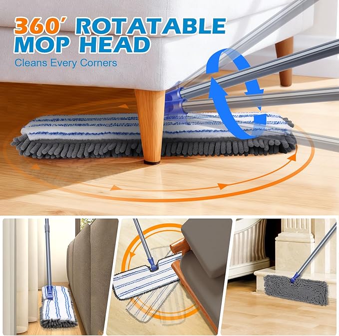 Microfiber Mops for Floor Cleaning, Masthome Dust Mop with 4 Washable Pads, 2-SidedMicrofiber Flip Mop for Wet & Dry Use, Flat Floor Mops for Hardwood, Laminate, Vinyl,Kitchen, Tile -1 Scraper