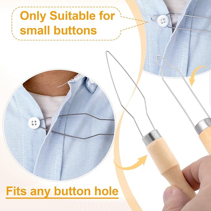 2 Packs Easy Button Hook, Steel Button Helper Tool for Elderly, Wide Wood Handle Buttons Fastener Device Assist Dressing Aid Tool for Seniors One Hand - Small Button and Universal