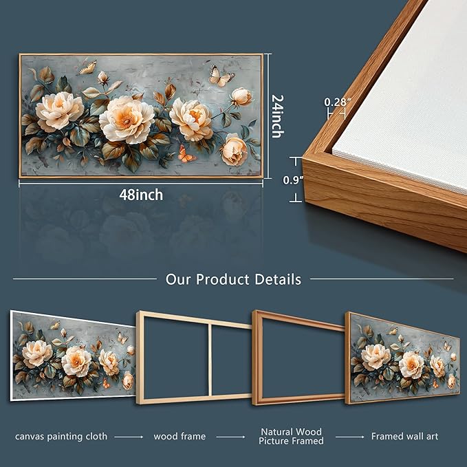 PHAOHUAXM Wall Art For Living Room Large Canvas Wall Decoration For Bedroom White Ink-Wash Flower Wood Frame Paintings Office Restaurant Room Mural Printing Artwork Ready To Hang Home Decor 24"X48"