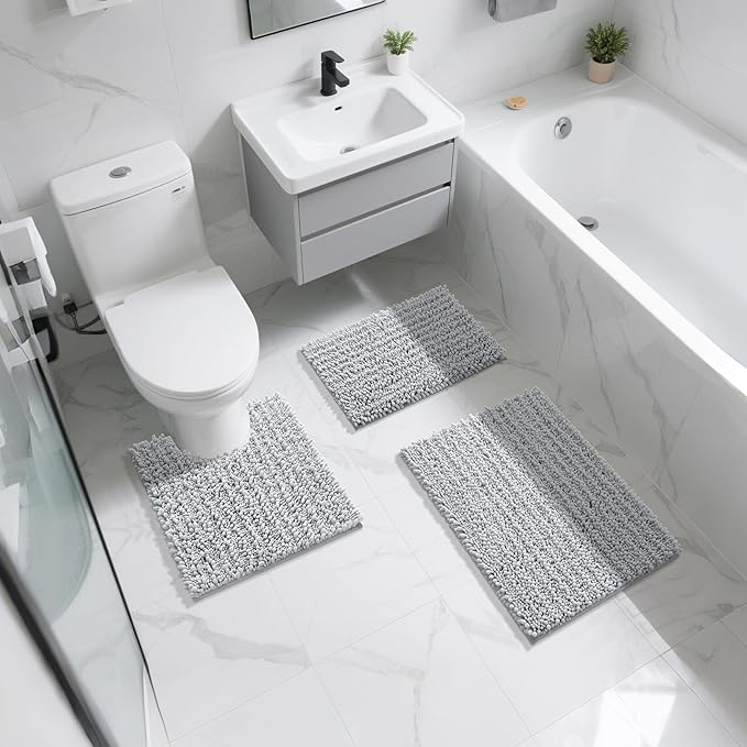 Yimobra Bathroom Rugs Sets 2 Piece - Quick Dry Extra Thick Luxury Chenille Bath Mat, Non Slip Super Absorbent for Tub Shower Sink, Machine Washable Shaggy Floor Mat, 32"x20"+24"x17" Inch, Silver