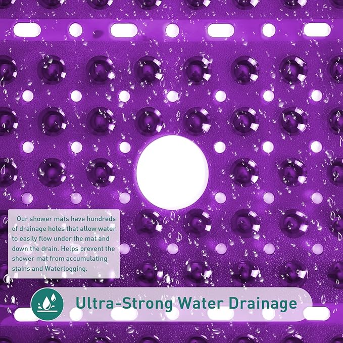 Large Square Shower Mat 27 x 27 Inch Clear Purple, Non Slip Shower Bathtub Mats for Inside Shower With Big Suction Cups Drain Holes, Anti Slip Bathroom Floor Stall Mats, Easy Clean, BPA-Free