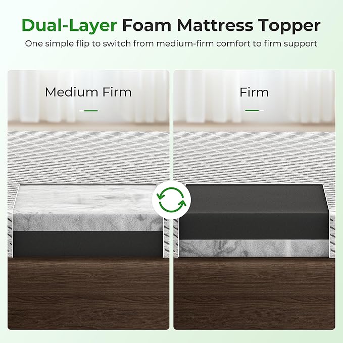 Bamboo Mattress Topper Full Size 2 Inch, Cooling Gel & Bamboo Charcoal Memory Foam Mattress Topper for Back Pain Relief, Firm Dual-Layer Foam Bed Pad with Removable Cover