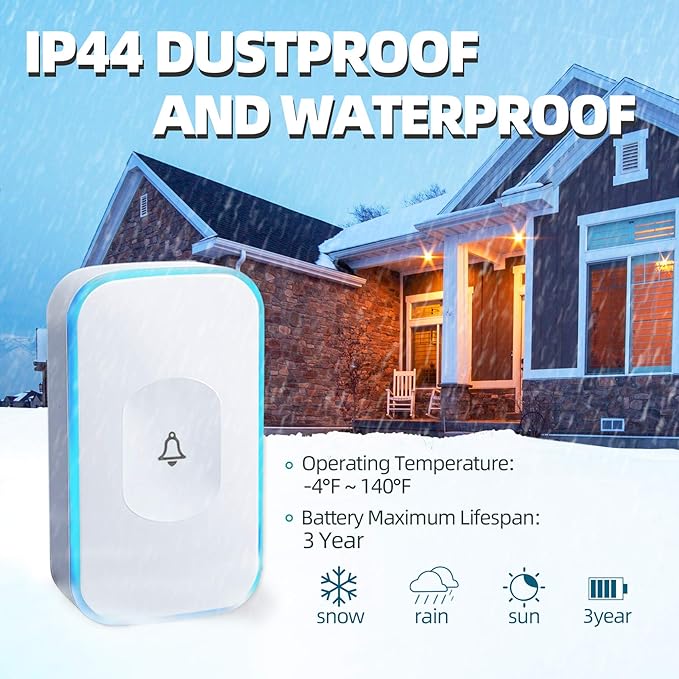 Wireless Doorbell Waterproof 1200 feet Door Bell with 2 Buttons with Different Tones Operating at 36 Melodies 4 Volume levels Flash Light 1 Receiver 2 Button White JSIEEM