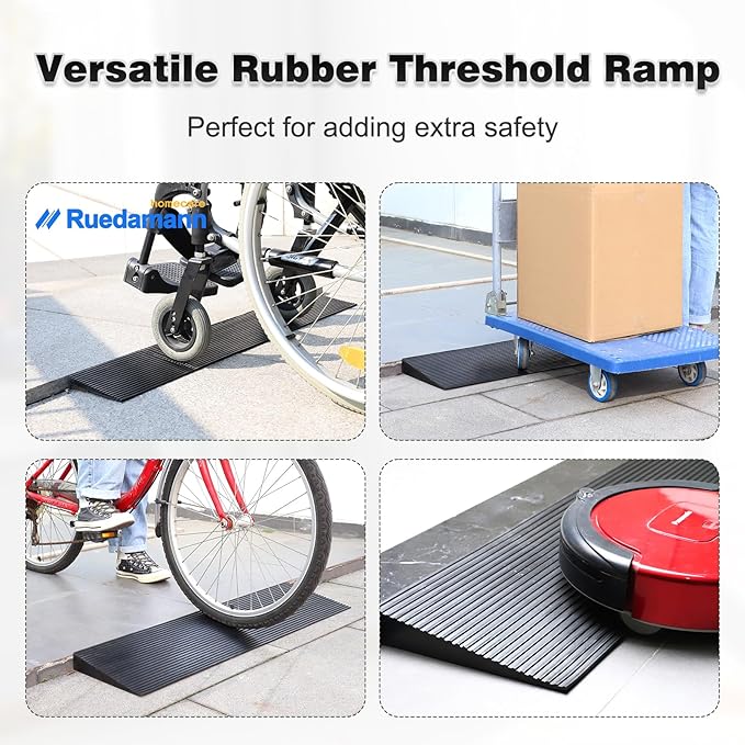 Ruedamann 1.4" Rise Threshold Ramp for Doorways, Sturdy Rubber Threshold Ramp, Non-Slip Power Door Ramps for Wheelchairs is Adjustable and Cuttable for Doorways,Curb, Scooters, Driveways
