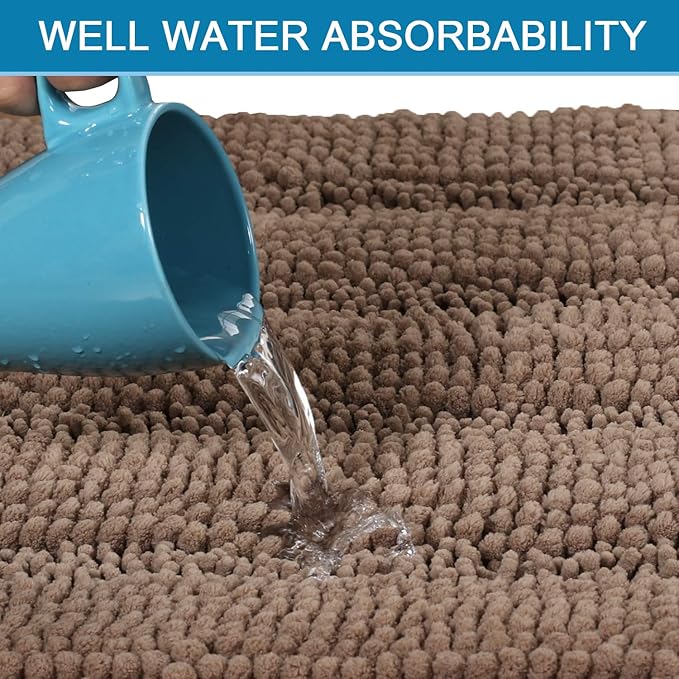 H.VERSAILTEX Bath Rugs for Bathroom Non Slip Bath Mats Extra Thick Chenille Striped Rug 20" x 32" Absorbent Non Skid Fluffy Soft Shaggy Washable Plush Mat for Indoor, Bath Room, Tub - Taupe Brown
