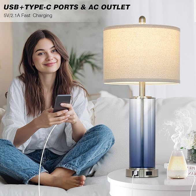 26" Coastal Blue Glass Table Lamps Set of 2, 3-Way Dimmable Touch Control Bedroom Lamp with USB C+A Ports & AC Outlet, Elegant Living Room Lamp, Nautical Bedside Lamps for Nightstand Side End Table