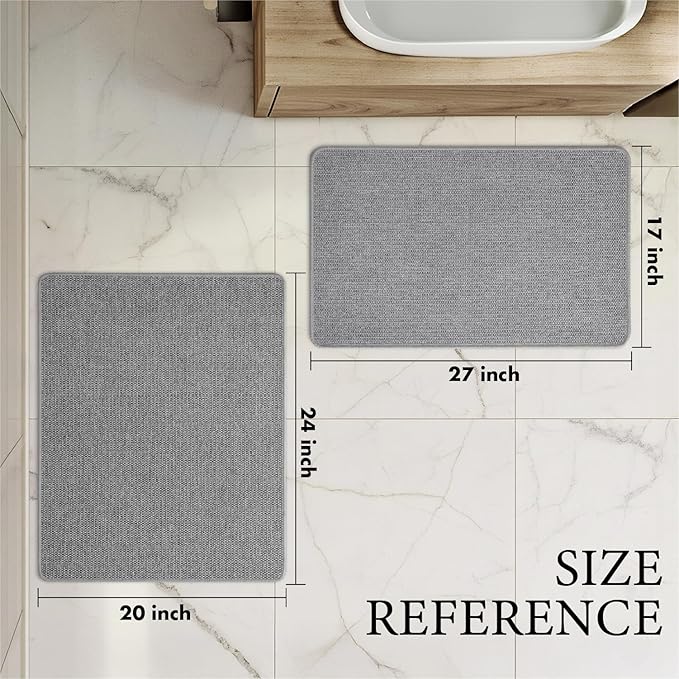 MIULEE Set of 2 Ultra Thin Bathroom Rugs, Rubber Bath Mats for Bathroom Non Slip, Quick Dry Absorbent Bath Rug Machine Washable, Fit Under Door, Shower, Sink, Home Decor, Grey, 20"x24"+17"x27"