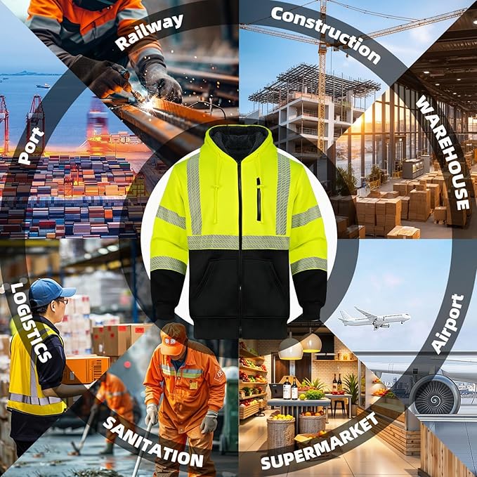 Hi Vis Hoodie Reflective Safety Jacket for Men,Class 3 High Visibility Sweatshirt Zipper for Work Construction