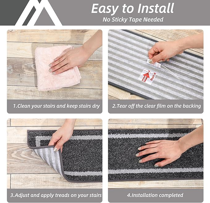 COSY HOMEER Soft Stair Treads Non-Slip Carpet Mat 28inX9in Indoor Stair Runners for Wooden Steps, Stair Rugs for Kids and Dogs, 100% Polyester TPE Backing 4pcs, Grey,Square