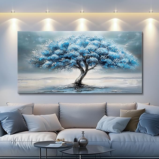FUHAIHUA Canvas Wall Decor For Living Room Wall Art For Bedroom Large Size Office Decorations Blue Tree Paintings Abstract Wall Pictures Artworks ReadyTo Hang Dormitory Home Decoration 20"X40"