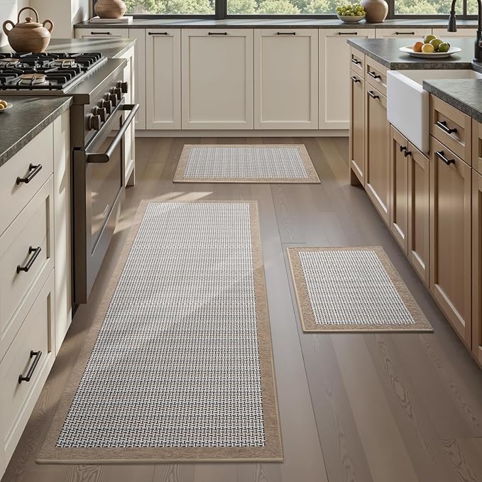 PADOOR Non Slip Kitchen Rugs Sets of 3 - Extra Large 2.5'x6' + 20"x32" + 20"x32" Runner Rugs for Kitchen Floor Non Skid Washable, Absorbent Kitchen Mat for in Front of Sink 3 Piece Brown