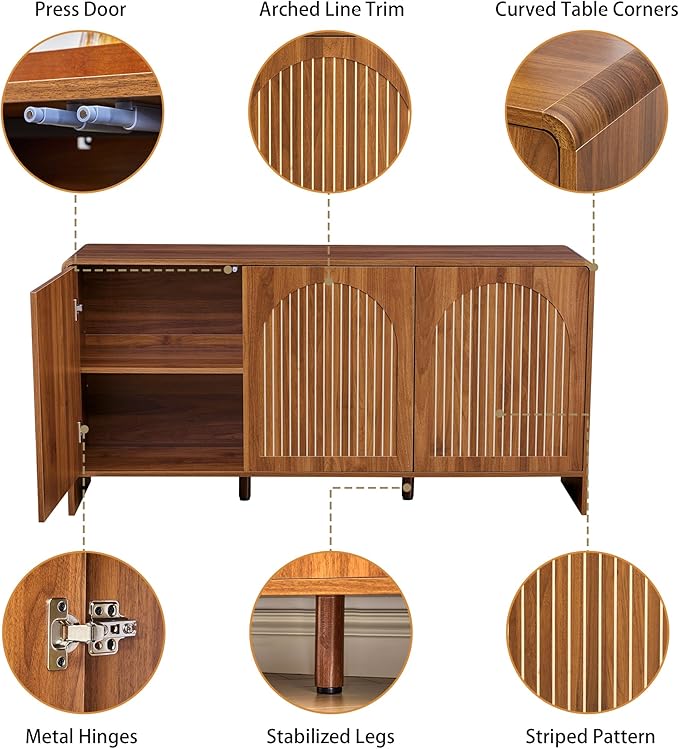 59" Sideboard Buffet Cabinet with Storage, Wood Arched TV Console Storage Cabinet with 3 Doors and Adjustable Shelf, Large Curved Accent Cabinet for Living Room Hallway Kitchen Dining Room, Walnut