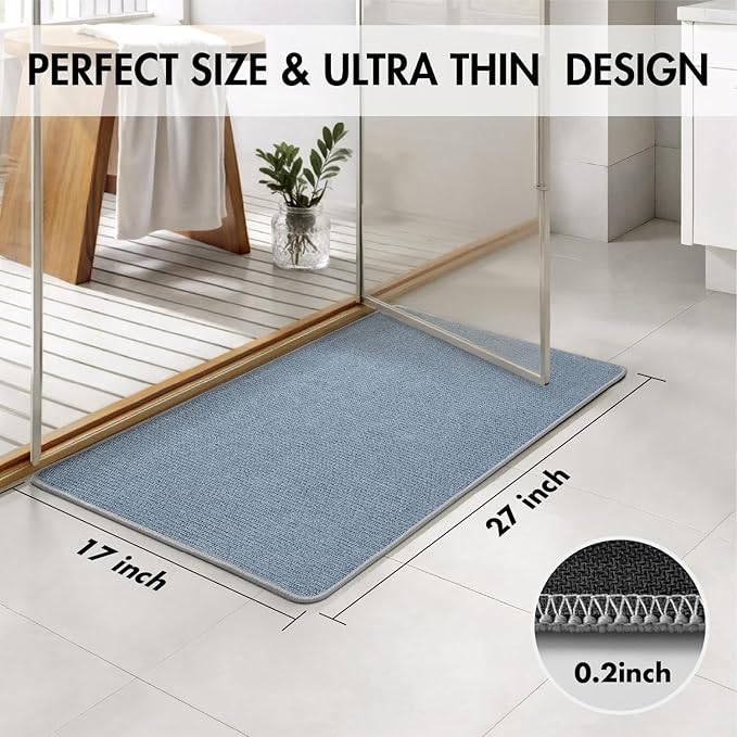 MIULEE Set of 2 Ultra Thin Bathroom Rugs, Rubber Bath Mats for Bathroom Non Slip, Quick Dry Absorbent Bath Rug Machine Washable, Fit Under Door, Shower, Sink, Home Decor, Blue, 17x27 Inch