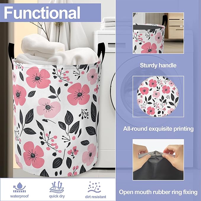 Laundry Basket, Pink Flowers Oxford Cloth Laundry Hamper With Handle Foldable Portable Clothes Storage Basket Storage Bag For Laundry Room/Bathroom/Bedroom/Dormitories