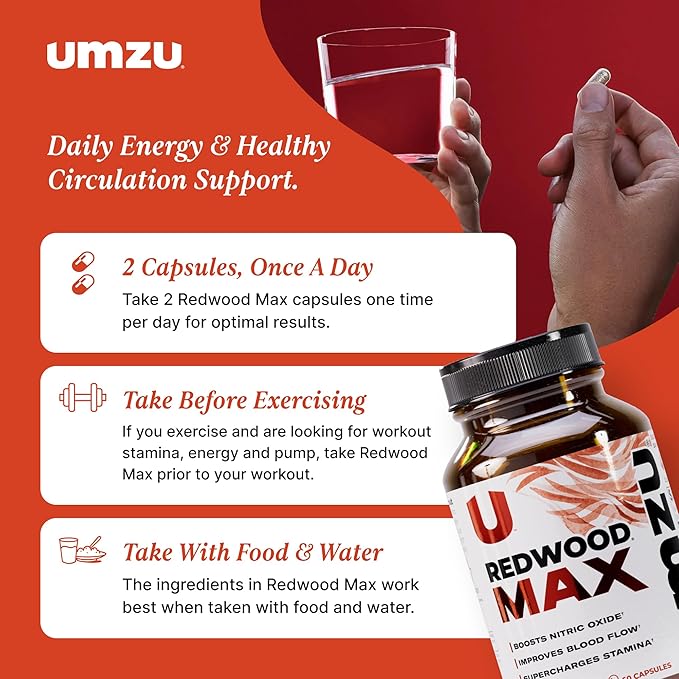 UMZU Redwood Max Nitric Oxide Booster, 1-Month Supply – Advanced Nitric Oxide Supplement with Fitnox Blend, Pine Bark, Resveratrol & Tart Cherry – Promotes Healthy Circulation, Energy and Recovery