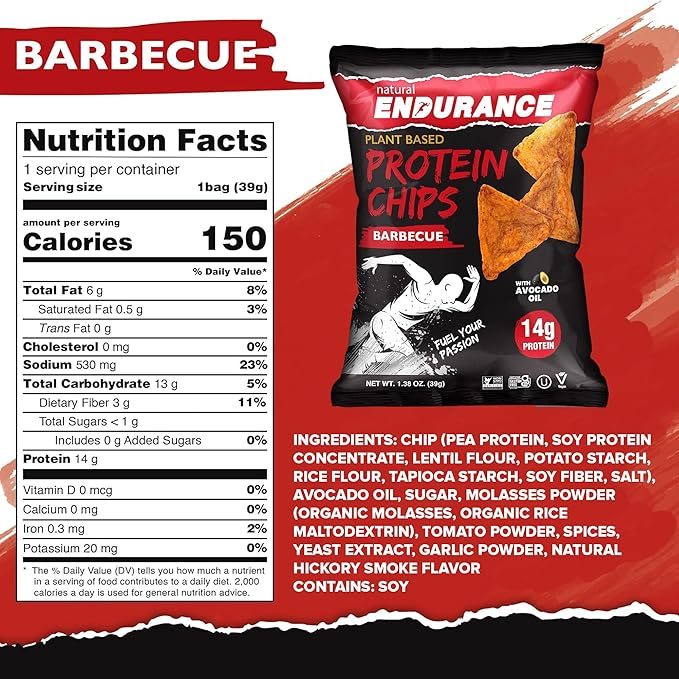 Natural Endurance Protein Chips - Barbecue Chips, Low Carb Chips, High Protein Snack, Vegan Protein with Avocado Oil, 14g Protein Per Bag, Gluten Free, BBQ Flavor - 1.38 oz Bags (Pack of 12)
