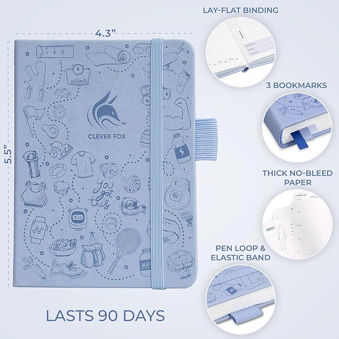 Clever Fox Fitness & Food Journal Pocket – Nutrition & Workout Planner for Women & Men – Diet & Gym Exercise Log Book with Calendars, Diet & Training Trackers – Lasts 3 Months, 4.3x5.5” (Periwinkle)