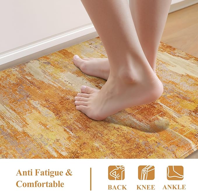 Collive Kitchen Mats Cushioned Anti Fatigue, Fall Modern Abstract Kitchens Floor Mat Non Skid Waterproof Sink Rugs, Memory Foam Comfort Standing Carpet for Office, 20" x 47" + 20" x 32"-Orange