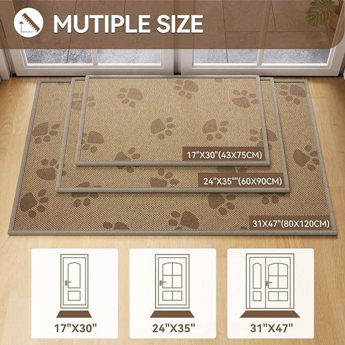 Door Mat Indoor Entrance 17"x30", 0.16" Thin Paw Print Low Pile Doormat, Non Slip Welcome Mat, Trap Dirt and Moisture, Easy Clean, Brown