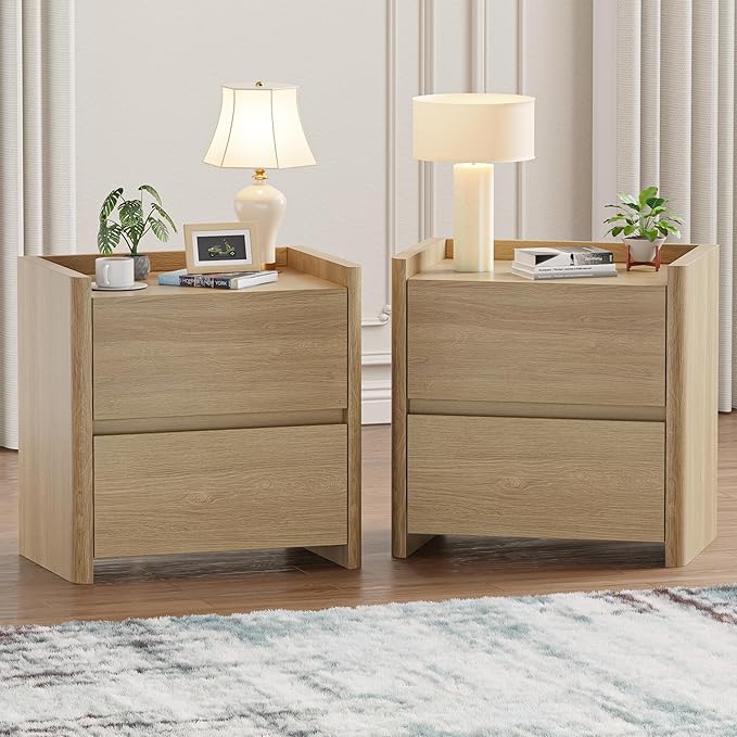 Nightstand with 2 Storage Drawer, Modern End Table for Bedroom with Cut-Out Handle, Large Night Stands for Bedroom, Home Office, Set of 2, Oak
