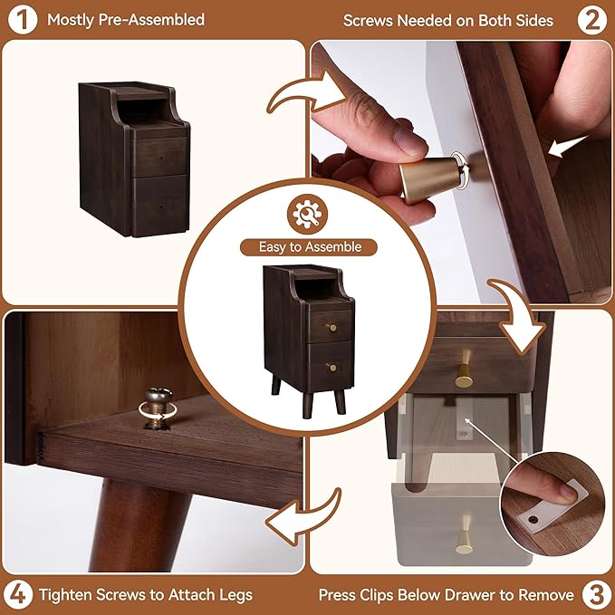 Narrow Nightstand with Drawers, Pre-Assembled Solid Wood Small Skinny Night Stand with Open Sliding Shelf Slim Bedside Table for Bedroom, Slim Side Table (2, Black Walnut, 8")