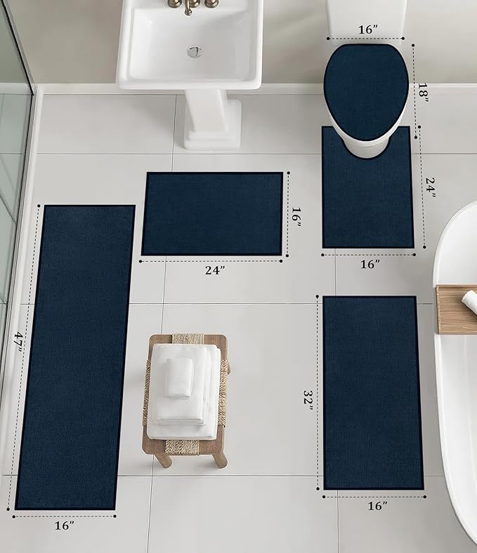 YIHOUSE Bathroom Rugs Mats Sets 5 Pieces, Ultra Thin Bath Mat Absorbent Non Slip Bath Rugs for Bathroom Washable, Shower, Sink, Laundry (Dark Blue, 5 Pieces)