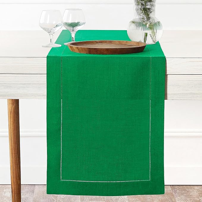 D'Moksha Homes Linen Kelly Green Table Runner 84 Inches Long - 100% Pure Linen Table Runner 14 x 84 Inch for St Patricks Day, Easter - Classic Hemstitch