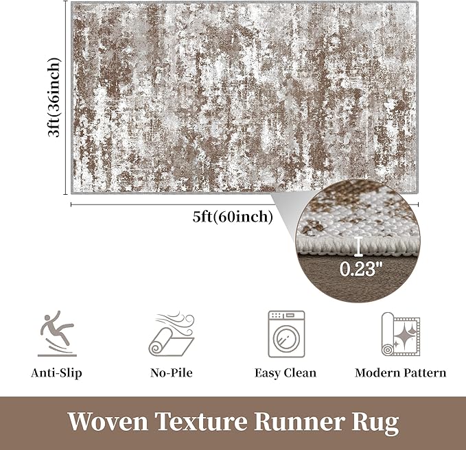 3x5 Area Rug Washable Entryway Rug Non Slip Abstract Tear and Stain Resistance No Pile Lightweight Throw Rugs Carpet for Kitchen, Entrance, Foyer, Bedside, Mudroom, Brown