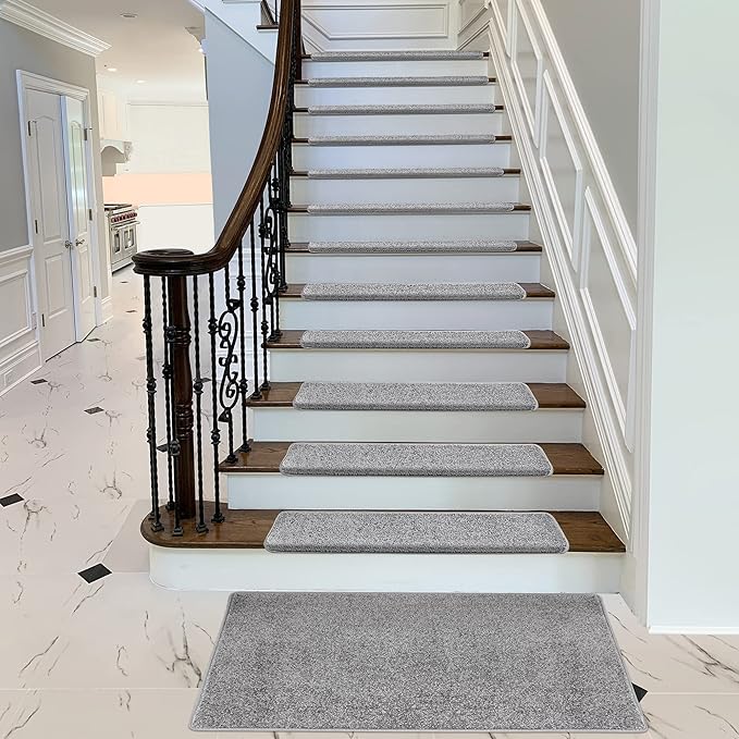 PURE ERA Bullnose Carpet Stair Treads Set Tape Free Non-Slip Indoor Stair Protectors Pet Friendly Rugs Covers Soft Skid Resistant Washable Reusable 9.5" x 30"(2 Pieces,Light Gray)