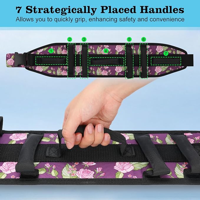 supregear Gait Belt - Anti-Slip Transfer Aid with 7 Handles and Quick-Release Buckle, Perfect for Senior Care, Floral Purple