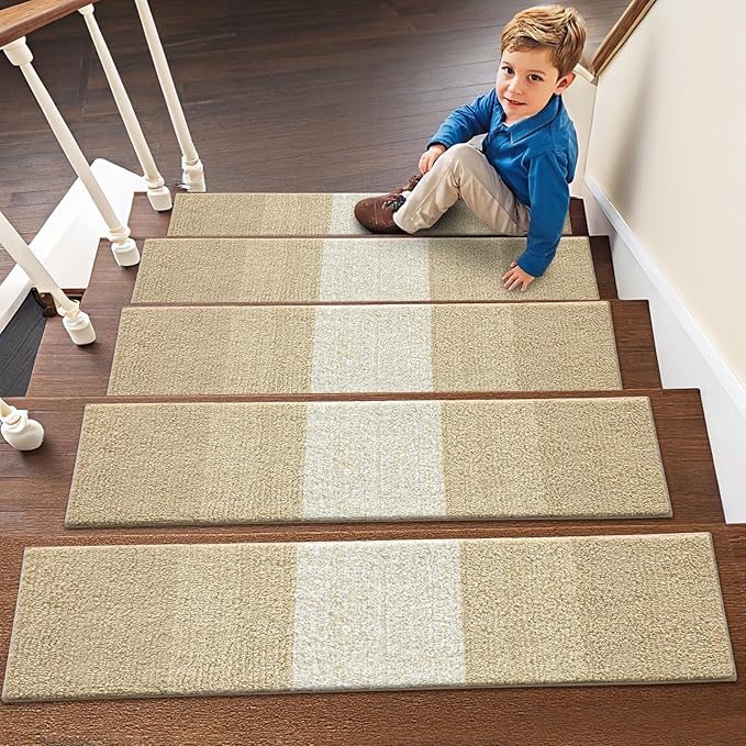 OLANLY Stair Treads Non Slip 4PCS, 8" x 30" Indoor Stair Runners for Wooden Steps, Edging Stair Rugs with Reusable Peel and Stick Adhesive for Kids Elders and Pets, Beige