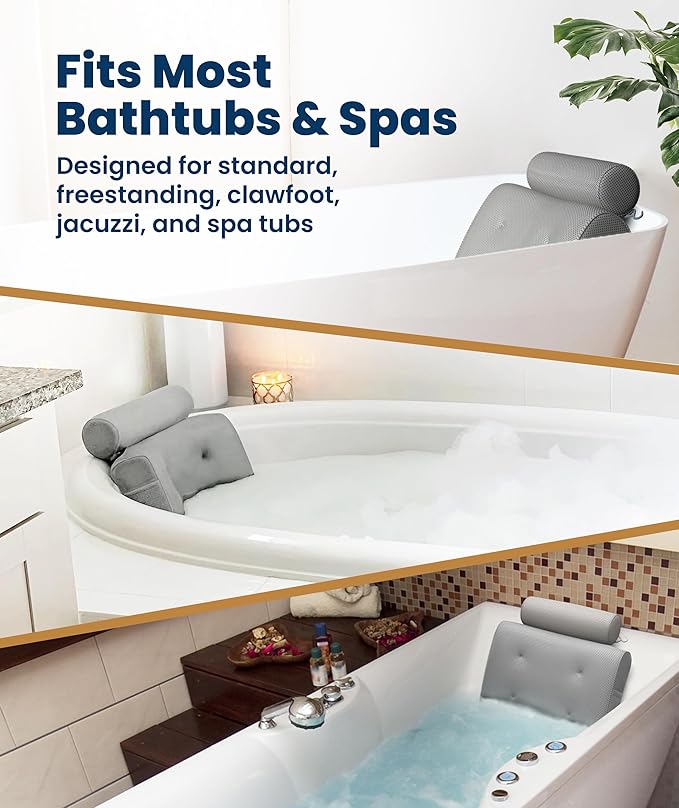 Everlasting Comfort Luxury Bath Pillows for Tub with Head and Neck Support - Non-Slip Bathtub Pillow with Suction Cups, Quick-Drying Mesh & Drying Hook - Jacuzzi & Spa Accessories for Women - Gray