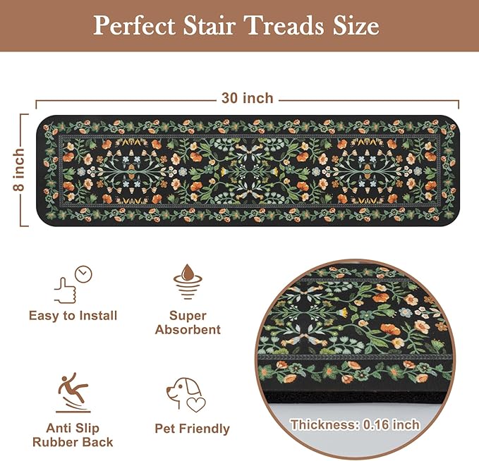 OJIA Floral Stair Treads Non-Slip Stair Runner for Wooden Steps Indoor 15PCS 30"x8" Carpet Stair Treads Stair Mats Staircase Step Treads for Kids, Elders and Dogs, Stair Covers, Black