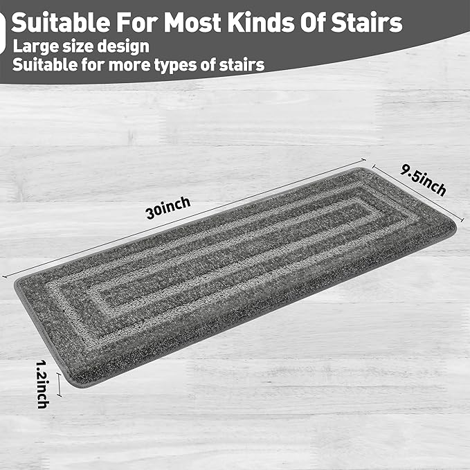 PURE ERA Bullnose Carpet Stair Treads Set Tape Free Non-Slip Indoor Stair Protectors Pet Friendly Rugs 9.5" x 30"(7 Pieces,Grey Rectangular)