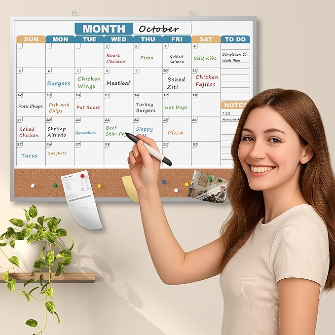 Monthly Calendar Dry Erase Board 24x18 Inch, Double-Sided Whiteboard and Corkboard Combo with Silver Aluminum Frame (Color Calendar), Wall Mounted Planner with Marker, Magnet, Push Pin, Eraser