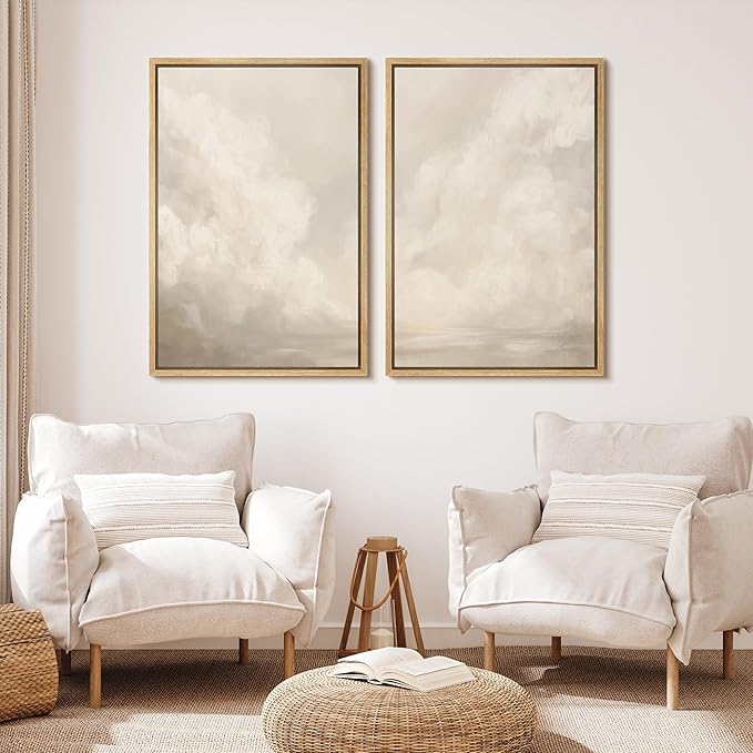 MUDECOR Framed Canvas Print Wall Art Neutral Cloudscape Soft Abstract Sky Illustrations Modern Art Decorative Bohemian Colorful Chic for Living Room, Bedroom, Office - 16"x24"x2 Natural