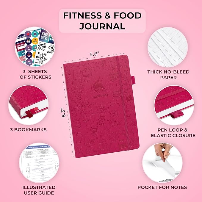 Clever Fox Fitness & Food Journal – Nutrition & Workout Planner for Women & Men – Diet & Gym Exercise Log Book with Calendars, Diet & Training Trackers - Undated, A5 Size, Hardcover (Fuchsia)