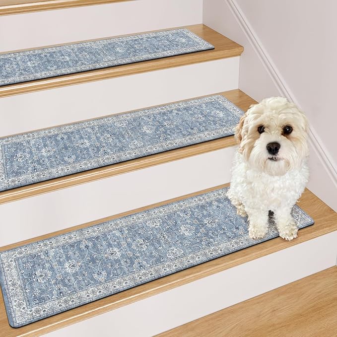 OJIA Non-Slip Stair Treads - 30"x8" Washable Carpet Stair Treads with Slip Resistant Rubber Backing for Kids, Elders and Dogs, 4PCS, Blue