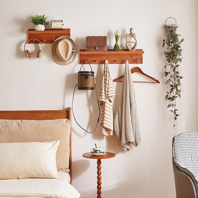 Wall Mounted Hook with Shelf,15.75in Entryway Wall Hanging Shelf, Solid Wood Coat Hooks, for Bathroom, Kitchen, Cherry Wood Color YD-WS0240C