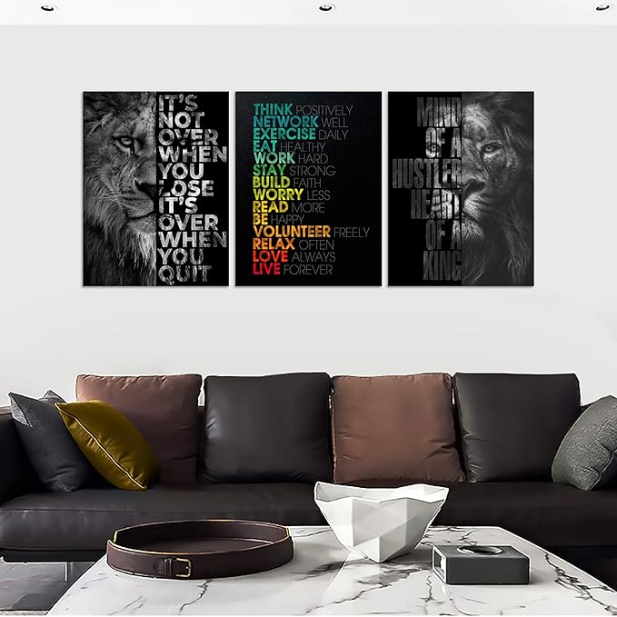 Unbruvo Motivational Office Wall Art Inspirational Canvas Wall Art Lion Picture Print Entrepreneur Quote Wall Painting 3 Pieces Artwork for Living Room Bedroom Classroom Home Decor(48" Wx24 H)