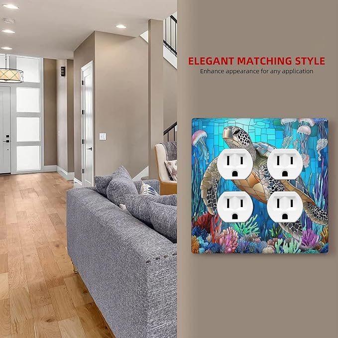 Outlet Covers Nautical Sea Turtle Coral Jellyfish 2 Gang Double Duplex Decorative Light Switch Covers Electrical Wallplates Socket Faceplate For Kids Room Nursery Decor