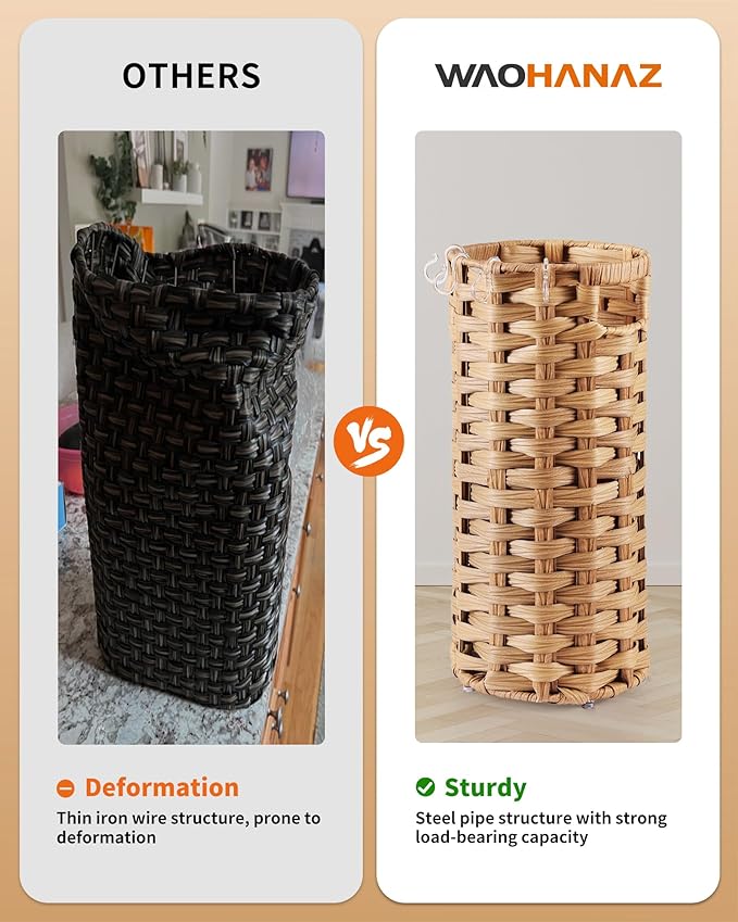 Rattan Umbrella Stand, Umbrella Holder for Entryway, Hand Woven Umbrella Rack Organizer Freestanding, with a Detachable Drip Tray, 4 Hooks, 7.5" L x 7.5" W x 16.5" H